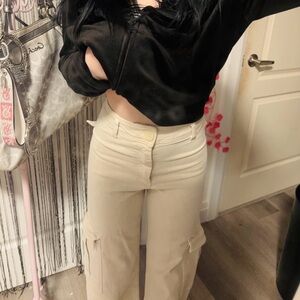 Zara Cream Soft High-Rise Distressed Bottom Denim/Cargo Pants